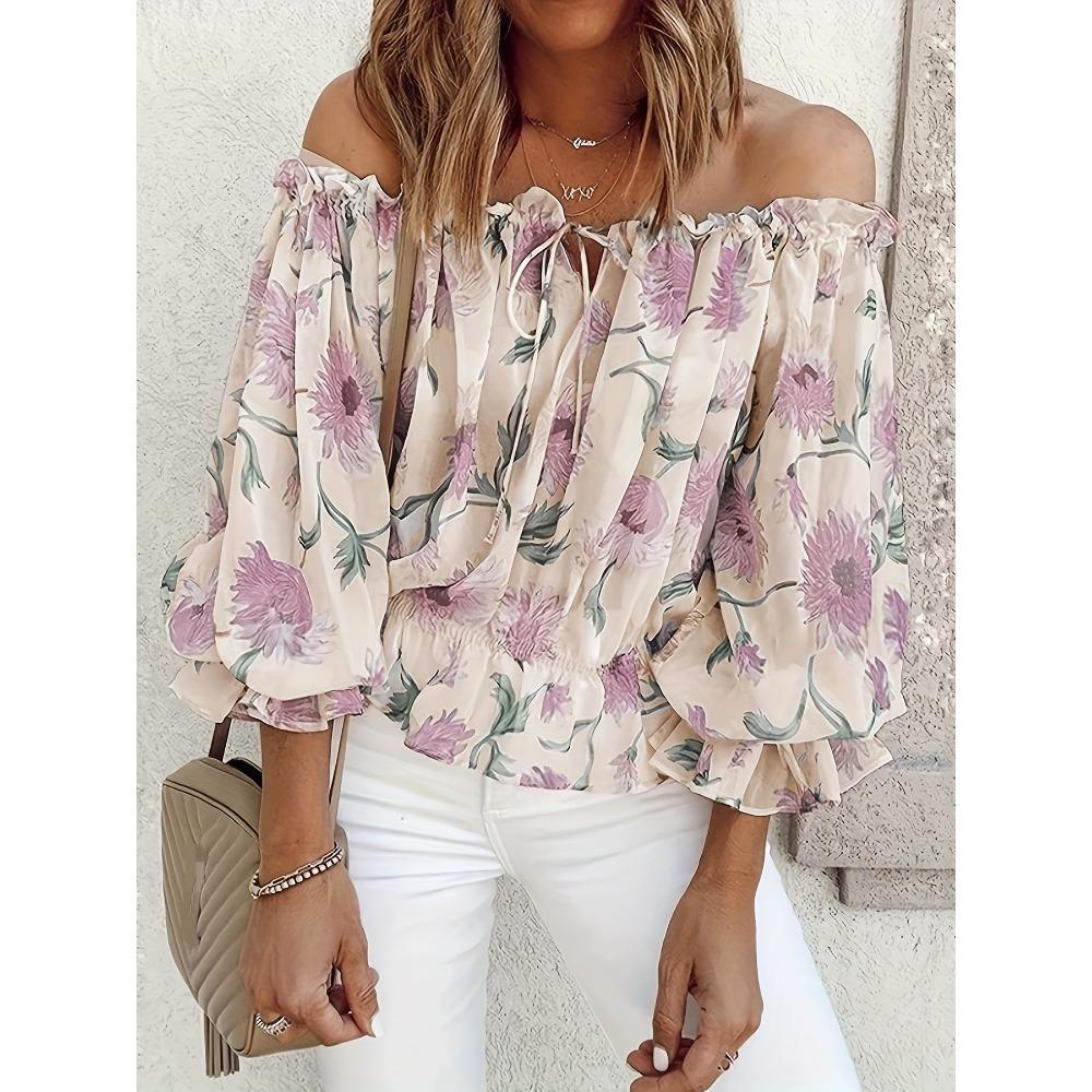Blusa de Gasa de Verano con un Hombro Elástico, Top Ligero Semitransparente con Estampado Aleatorio, Top Suelto de Manga Farol para Mujer
