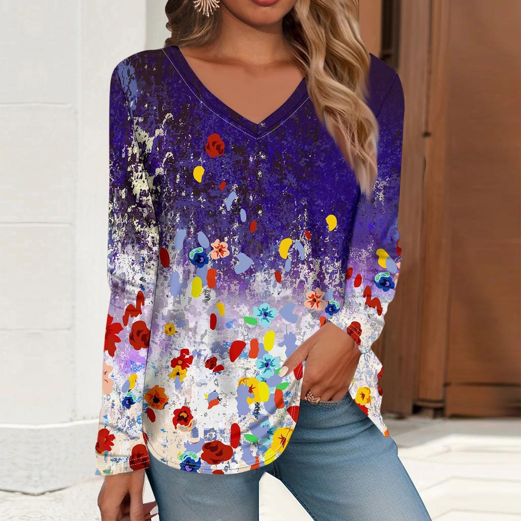 Women's T Shirt Retro Print Long Sleeve Daily Weekend Daily Basic V Neck Regular Fall Winter Tops