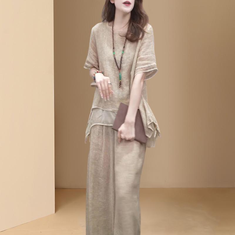 Women Vintage Wide Leg Trousers Suits Casual Patchwork Blouse Pants Sets 2PCS Loose Suit Plus Size