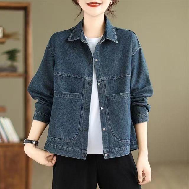 Women's Denim Jacket for Spring and Autumn Hong Kong Style Collar Short Retro Loose Versatile Stylish Casual with Large Pockets Top