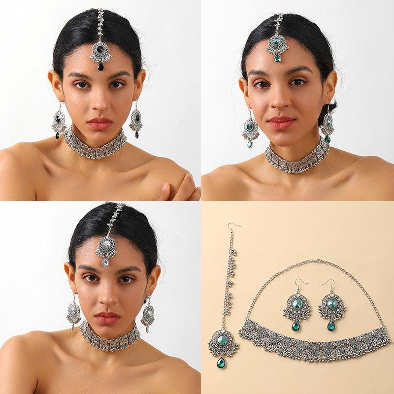Diamond-encrusted Round Tassel Earrings NecklaceHair ChainThree-piece Set Retro Forehead Chain
