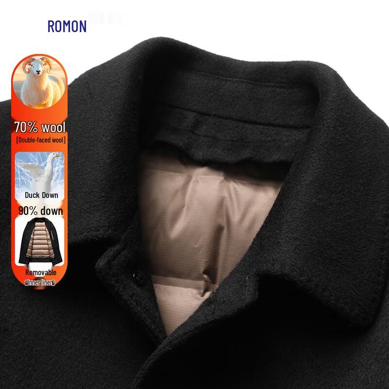 ROMON Men's Thickened Mid-Length Double-Sided Wool Coat with 90% Duck Down Liner