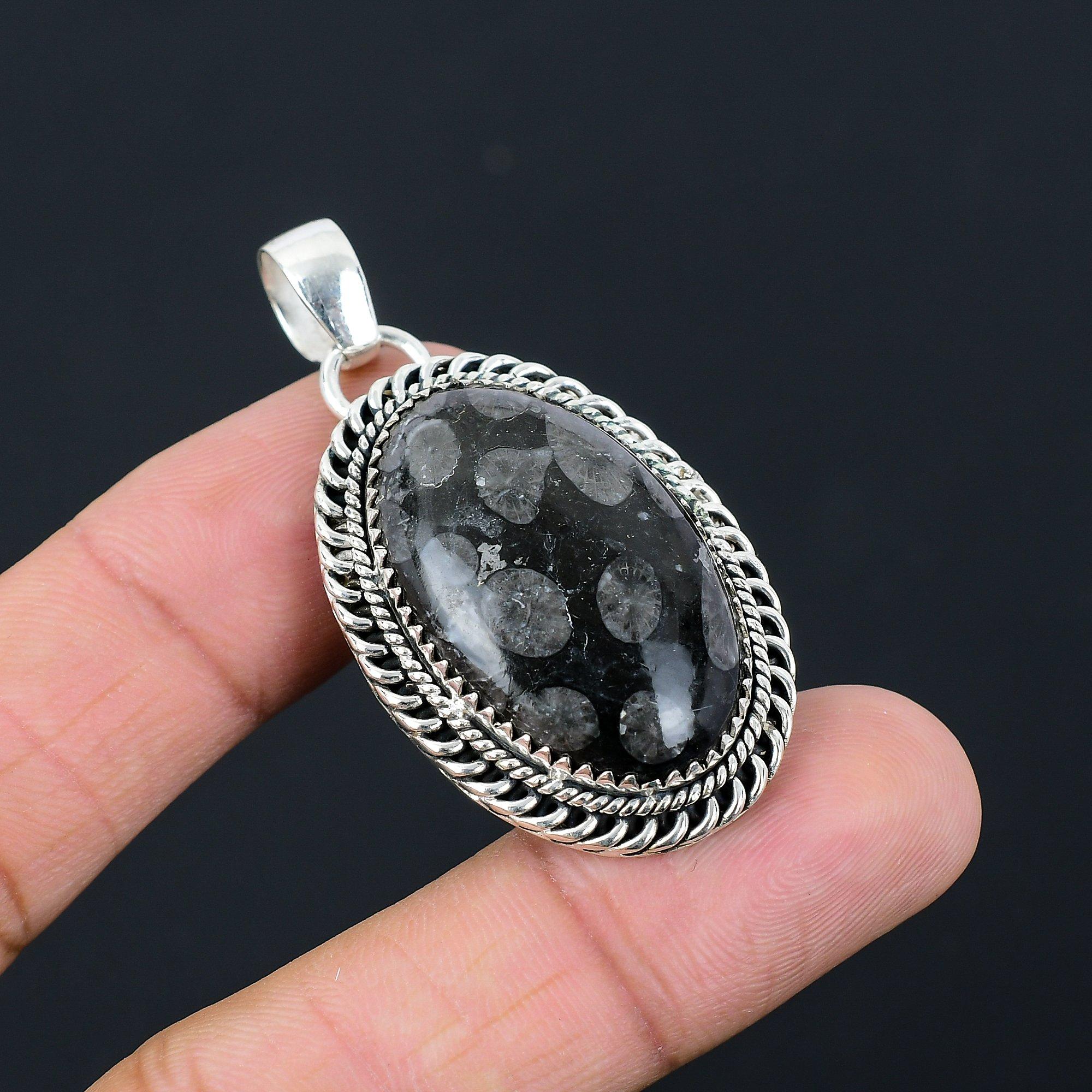 Mothers day Sale Oval Black Fossil Coral Stone Sister Pendant Jewelry 925 Silver