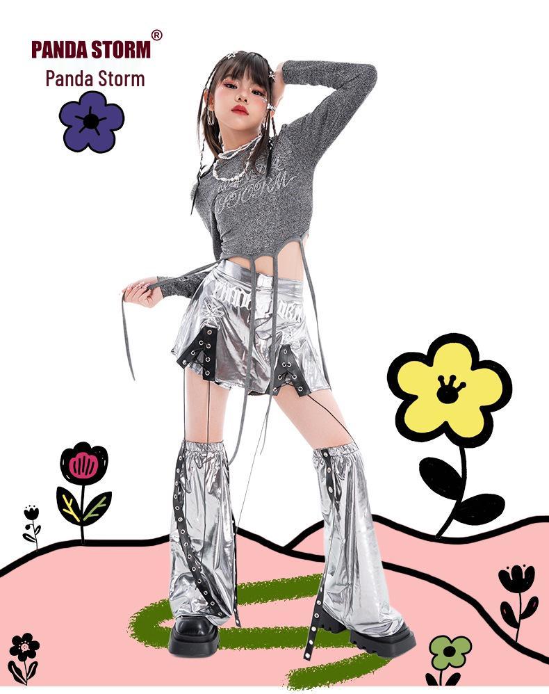 Girls' Sparkly Jazz Dance Long-Sleeve Outfit: Fashionable Street Dance T-shirt & Pants Set