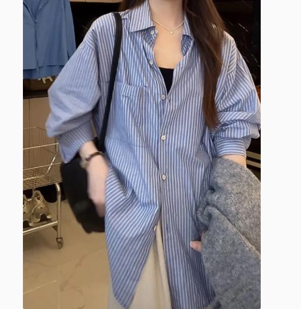 2025 New Women's Blue Striped Long Sleeve Shirt Jacket - Korean Lazy Style Loose Summer Top
