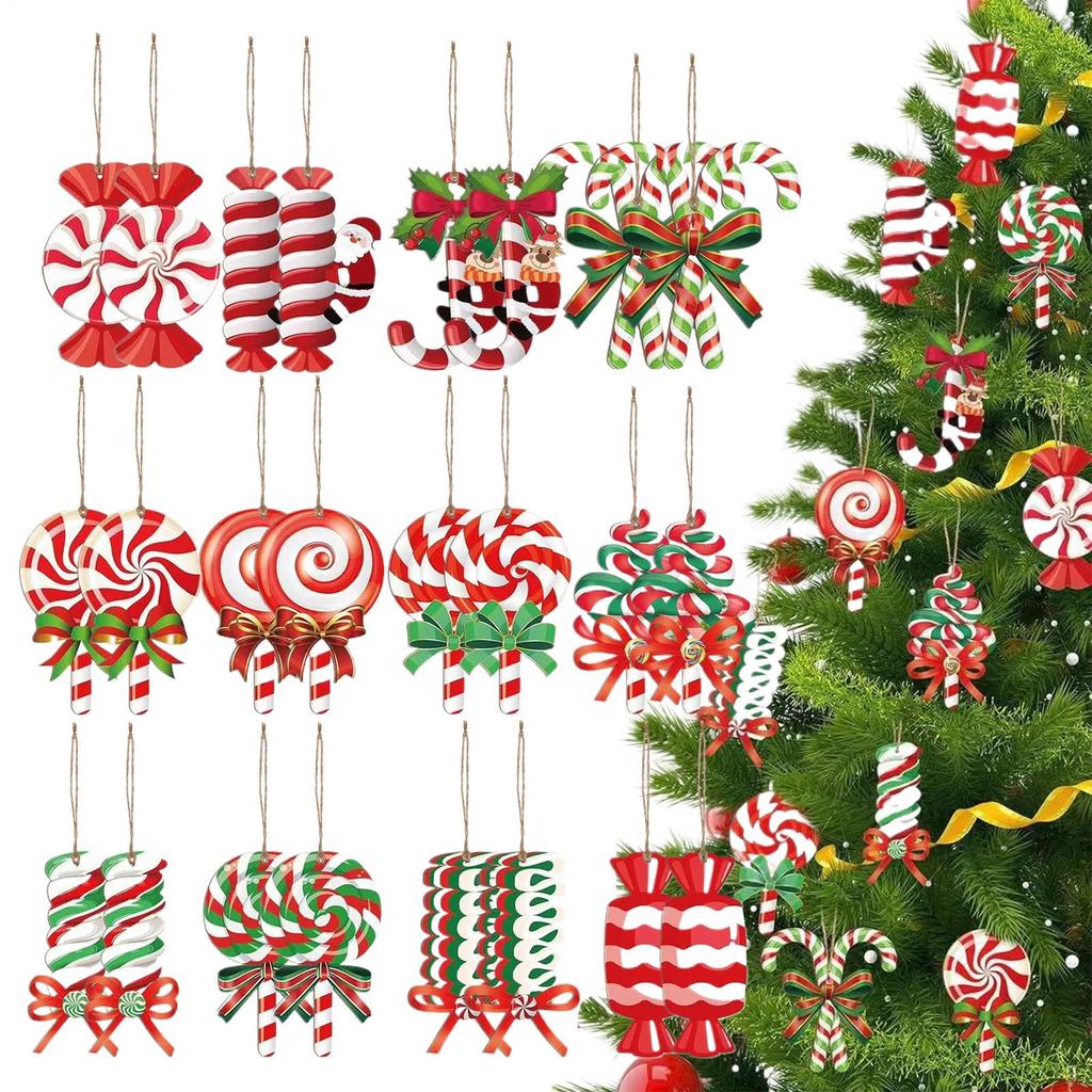 24pcs Christmas Candy Pendant Wooden Lollipop Cane Christmas Tree Decorations Mini Cane Candy Peppermint Candy Ornaments