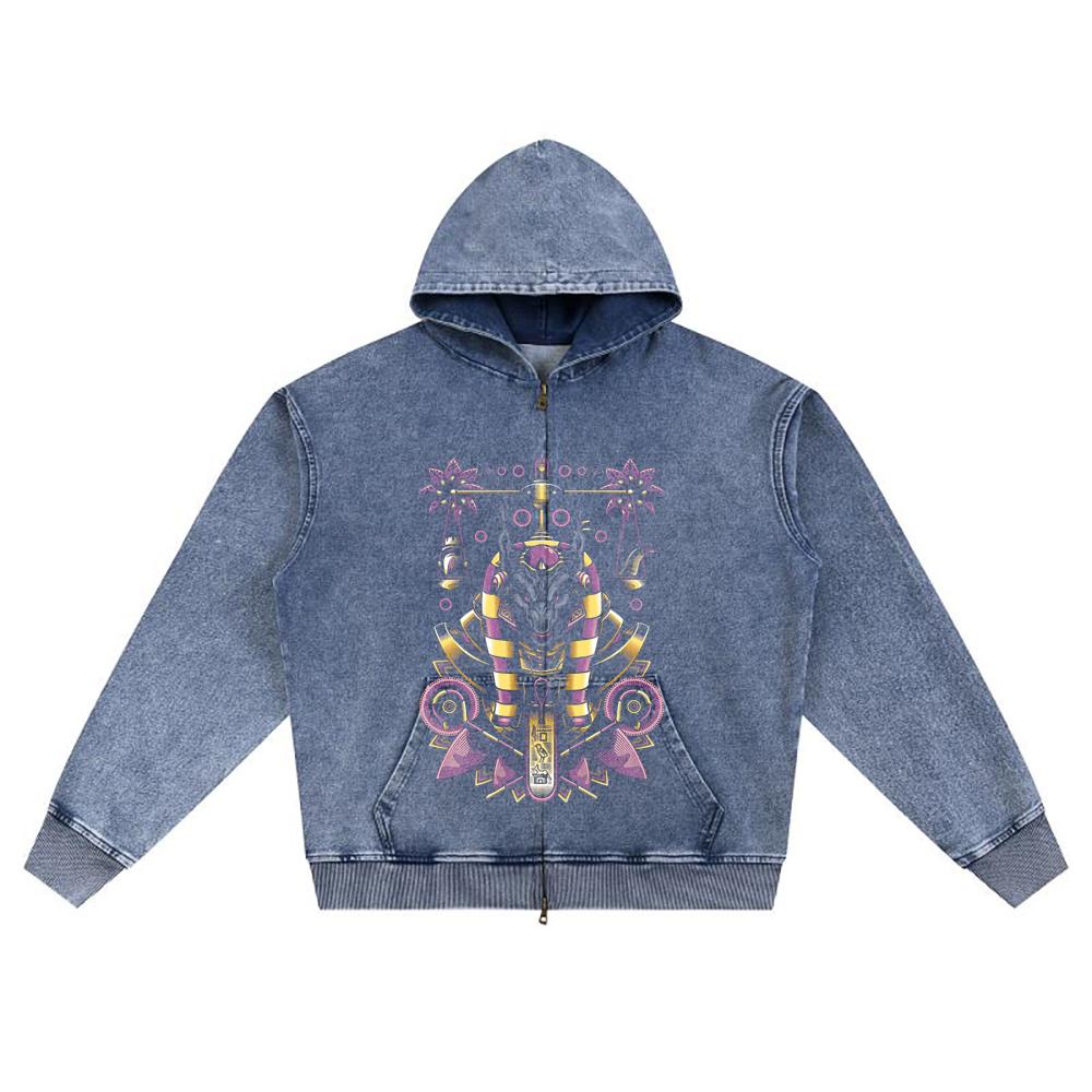 DTG Print Knitted Denim Zip-Up Hoodie Copy of ANUBIS DIOS EGIPCIO Brother Print Zipper Hoodies