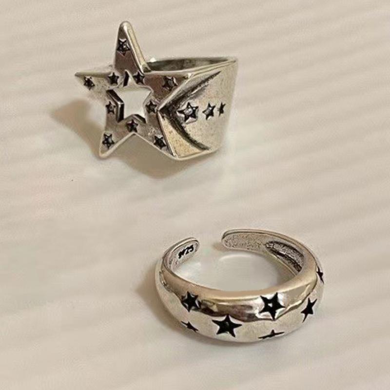 Vintage Gothic Pentagram Star Alloy Open Rings For Women Men  Jewelry Punk Silver Color Adjustable Finger Ring