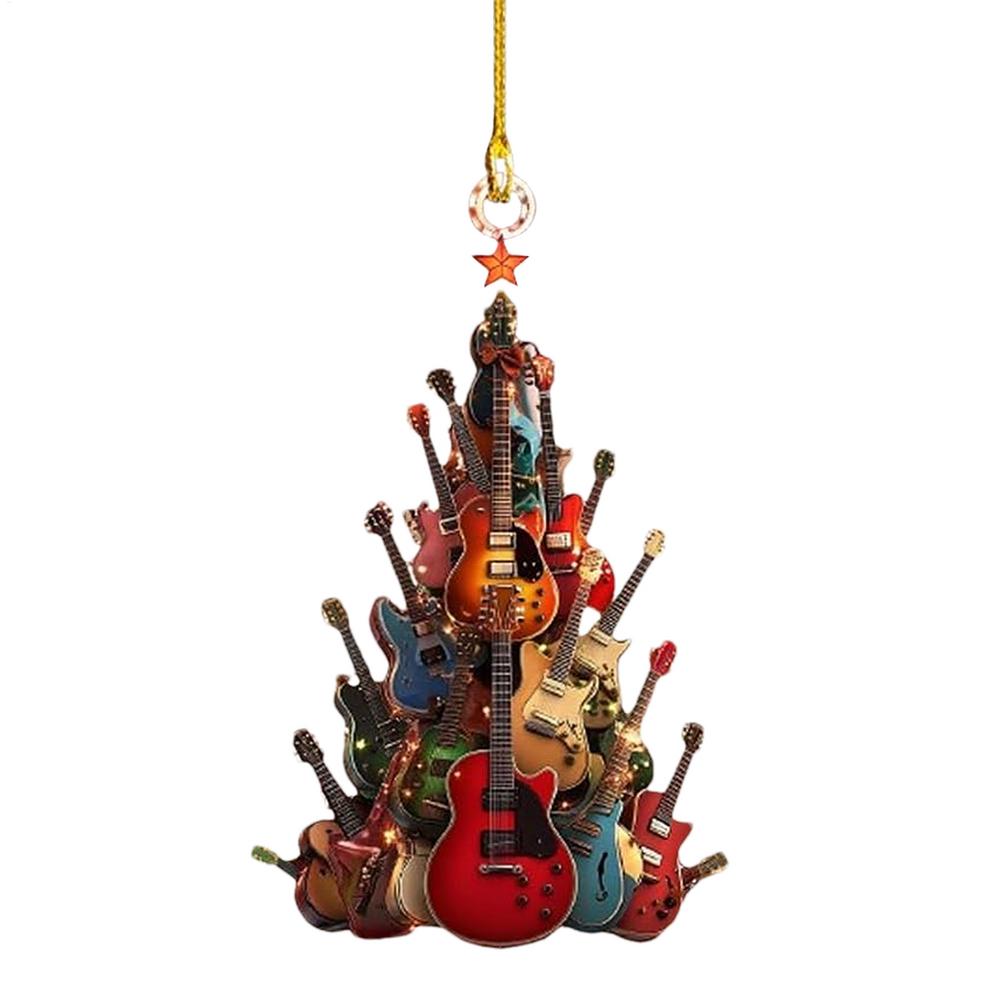 Rock Around the Guitar Christmas Tree Ornament 2D Flat Acrylic  Stacking Rock Guitar Electric Guitar Ornament Wood Musical