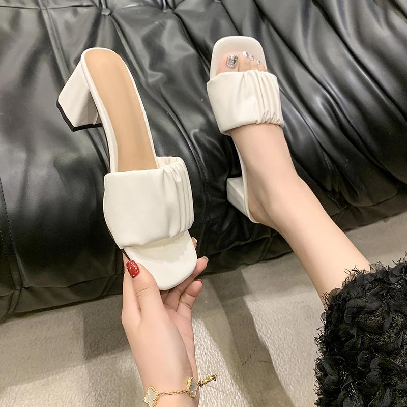 Fashion Shoes Female 2025 Open Toe Women's Slippers Fashion Dress Slippers Women Square Toe Pleated High Heels Plus Size Modern Sandals