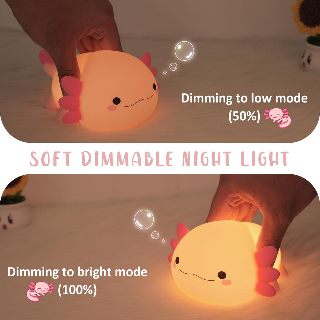 Axolotl Night Light, Cute Salamander Silicone Touch Nursery Lamp, Timer Dimmable Rechargeable LED Night Light, Soft Toddler Breastfeeding Bedroom