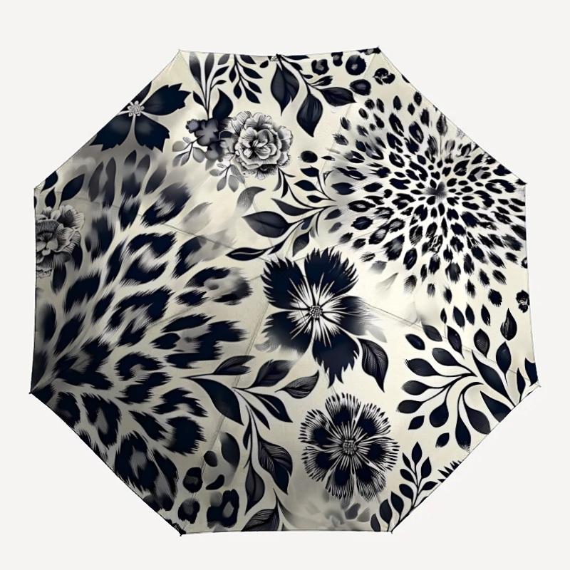1 шт. Цветочный леопардовый автоматический зонт-трость с кнопкой открытия/закрытия, компактный складной зонт, всесезонный портативный зонт для женщин/мужчин F1124341