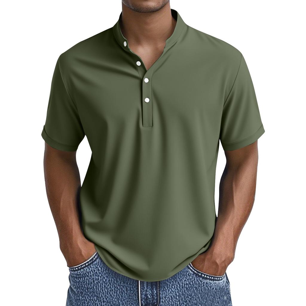 Men's Summer Solid Color Button Collar Short Sleeve Tops Men's Casual Loose Fashion Tops