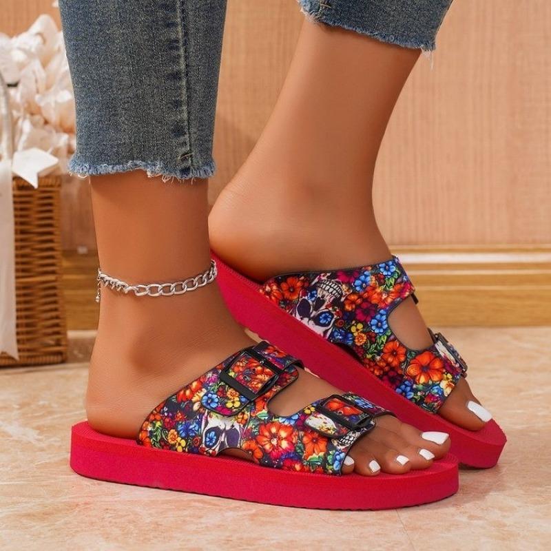2024 New Summer High Quality Women's Shoes Fashion Open Toe Color Block Buckle Casual Roman Women's Flat Beach Slippers
