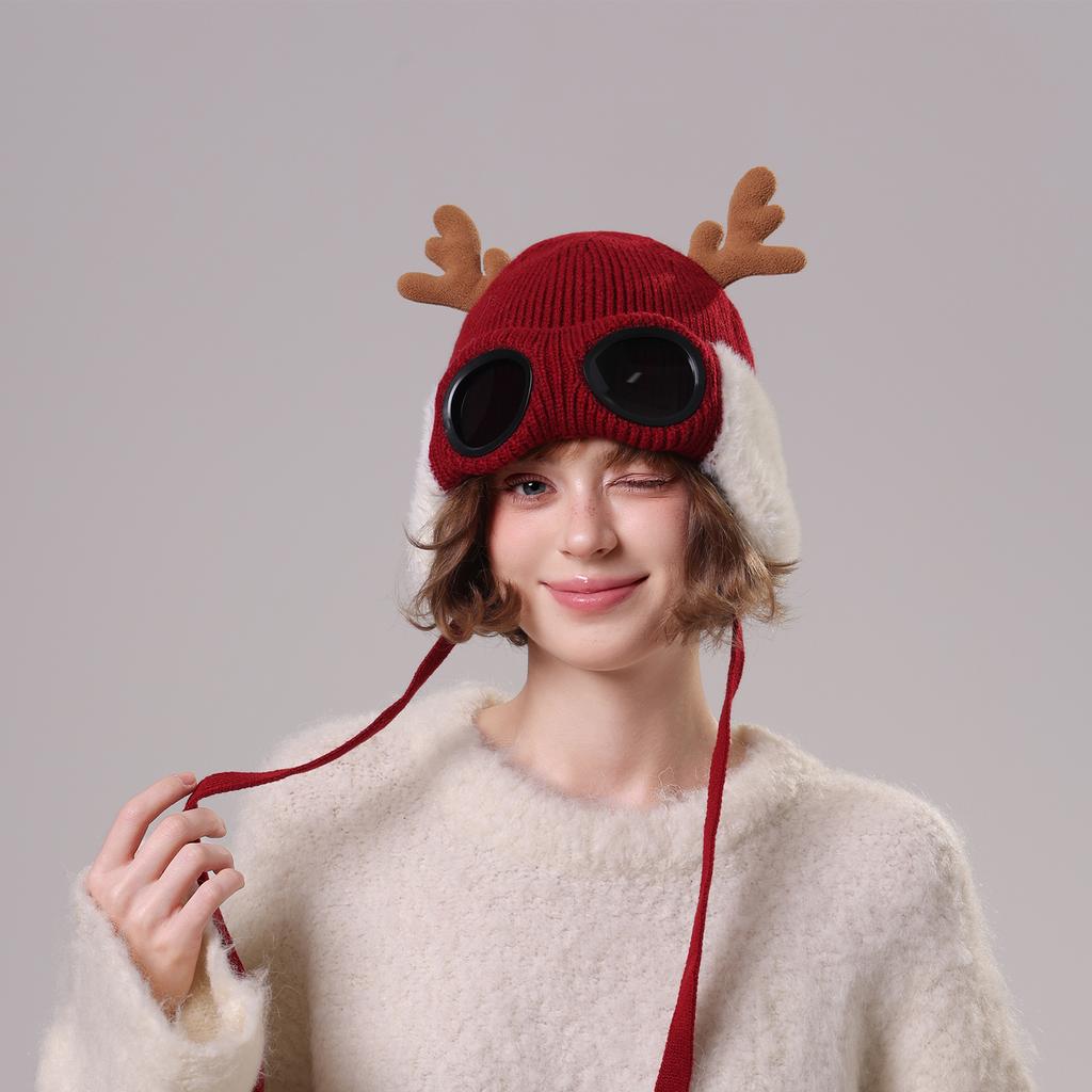 Men's And Women's Windproof Goggles With Fleece Ski Hats Knitted Warm Knitting Hat Deer Antler Hat