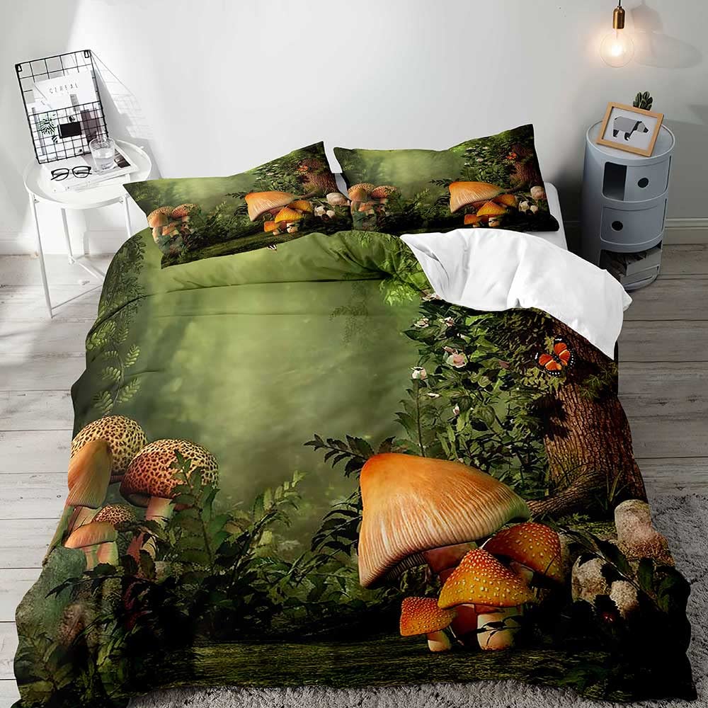Mushroom King Duvet Cover Set Teens Girls Boys Kids Single Bedding Wonderland Enchanted Forest Butterfly Comforter Cover Set
