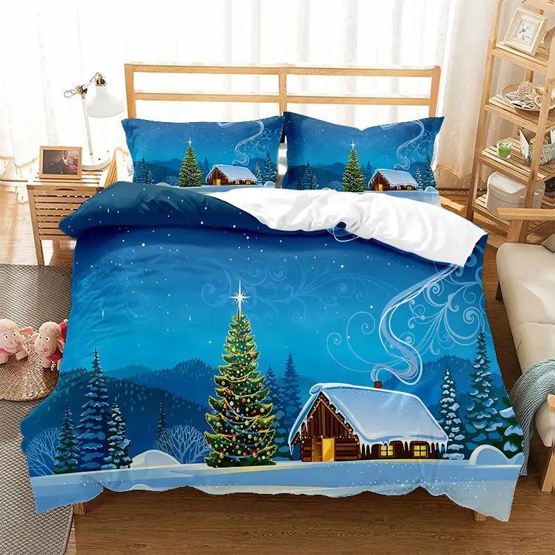 Christmas Snowflake Full Size Bedding Set Print Colorful Merry Christmas Gift Tree Microfiber Fabric 2/3Pcs Duvet Cover Set Kids