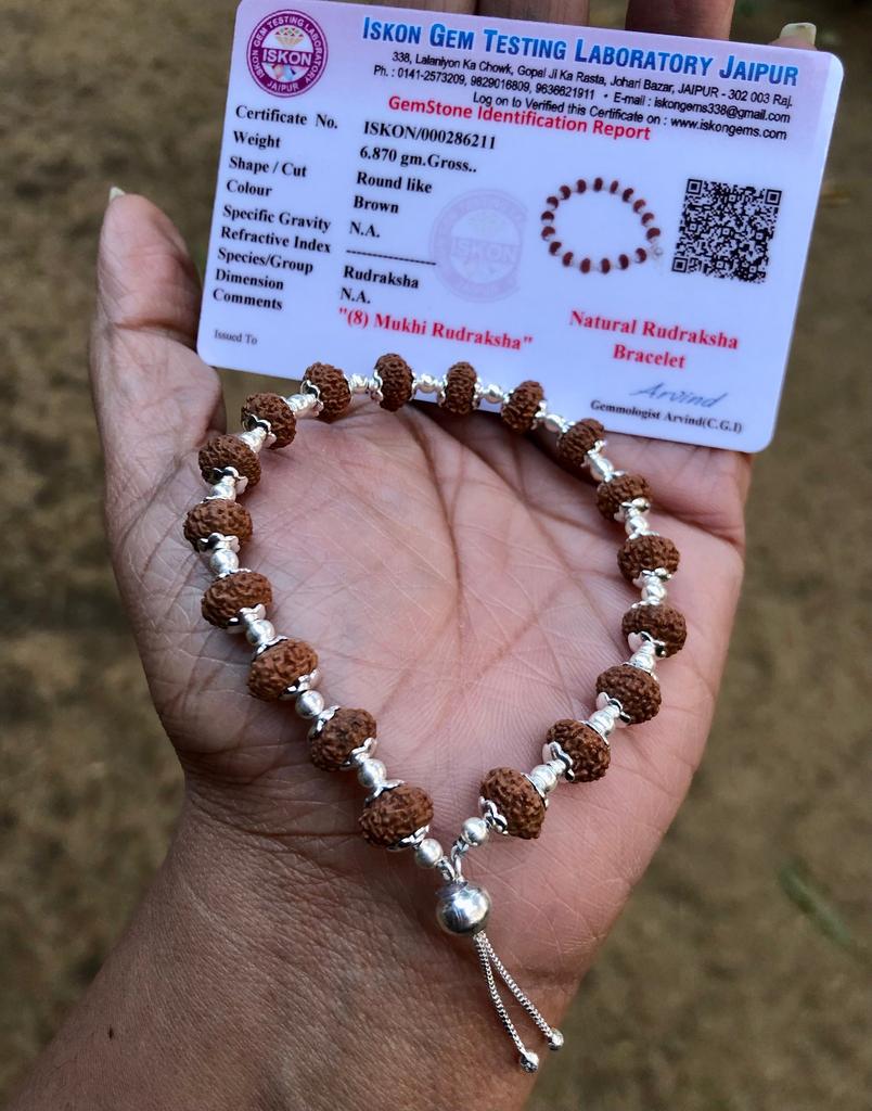 LAB CERTIFIED + 925 Silver + Natural 8 Mukhi RUDRAKSHA Rudraksh Bracelet, Adjustable Indian Origin Lord Shiva Yoga Prayer Meditation