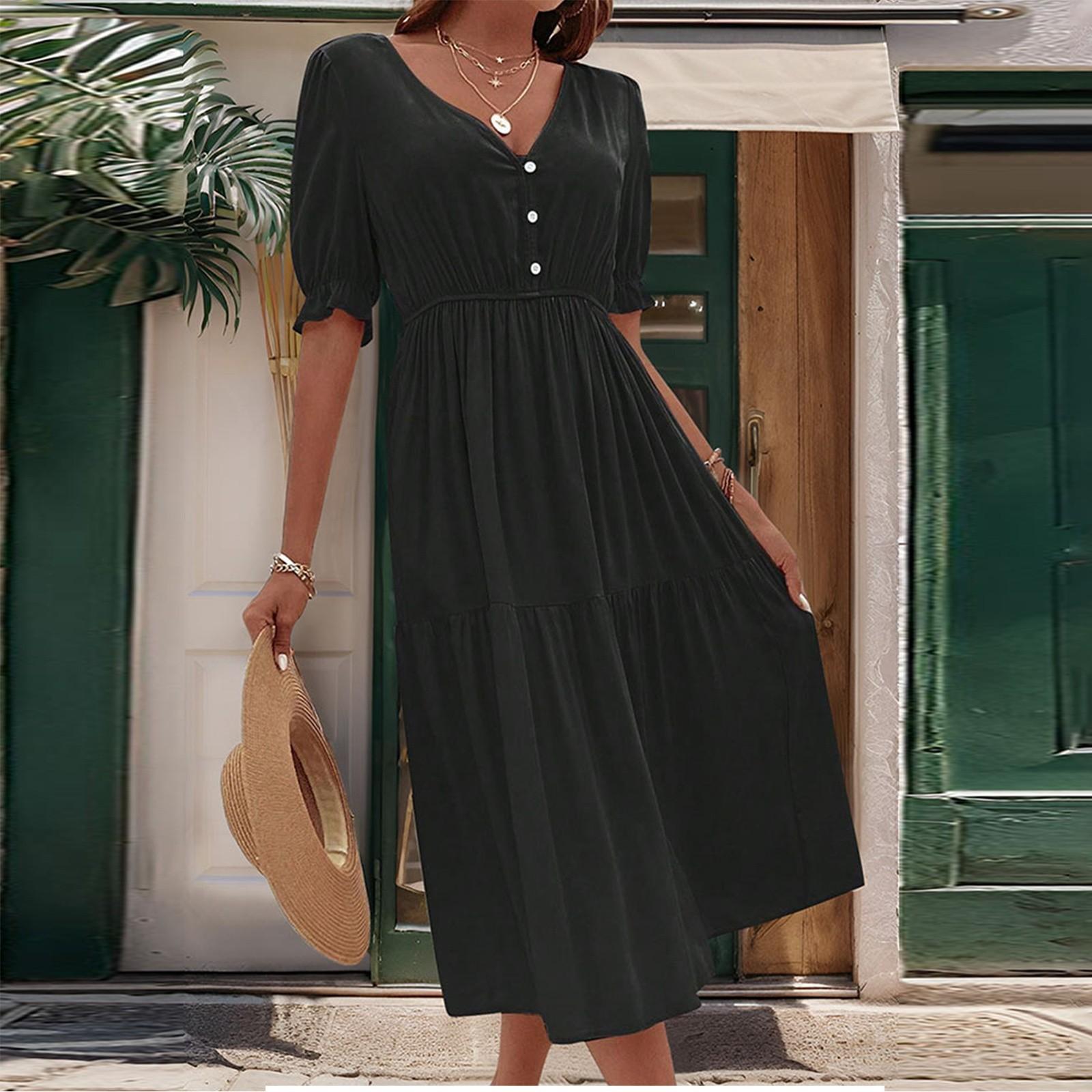 

Женское модное однотонное платье с короткими рукавами и V-образным вырезом на талии S чёрный