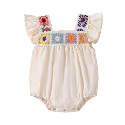 Barboteuse d'été pour bébé fille, manches volantes, encolure carrée, body à fleur au crochet, combinaison nouveau-né