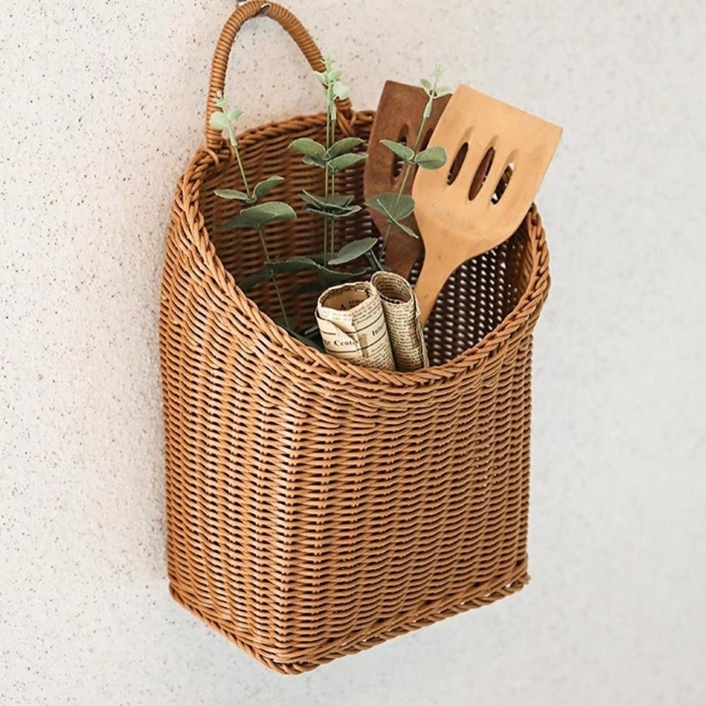 Imitation Rattan Woven Fruit Basket Wall Mounted Wall Basket Decor Camping