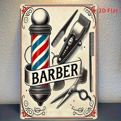 Letrero de Lata de Barbería - Arte de Pared Metálico Retro con Diseño de Tijeras, Peine y Palo Rayado - Decoración Rústica de Hierro para Hogar, Garaje,
