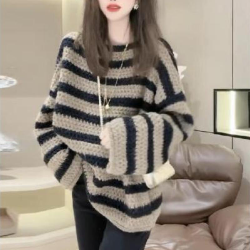 French Stripe Round Neck Long Sleeved Knitwear Women 2022 Winter New Loose Temperament Casual Casual Sweater Pullover Female Top