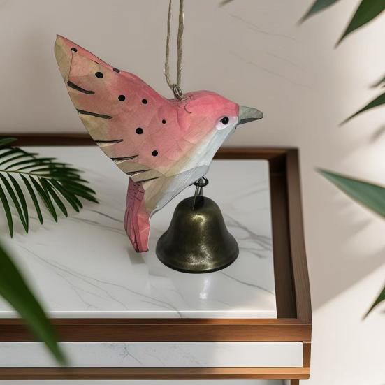 Wood Carving Hummingbird Ornament with Tree Stump/Bell Handcrafted Bird Figurine Statue Sculpture