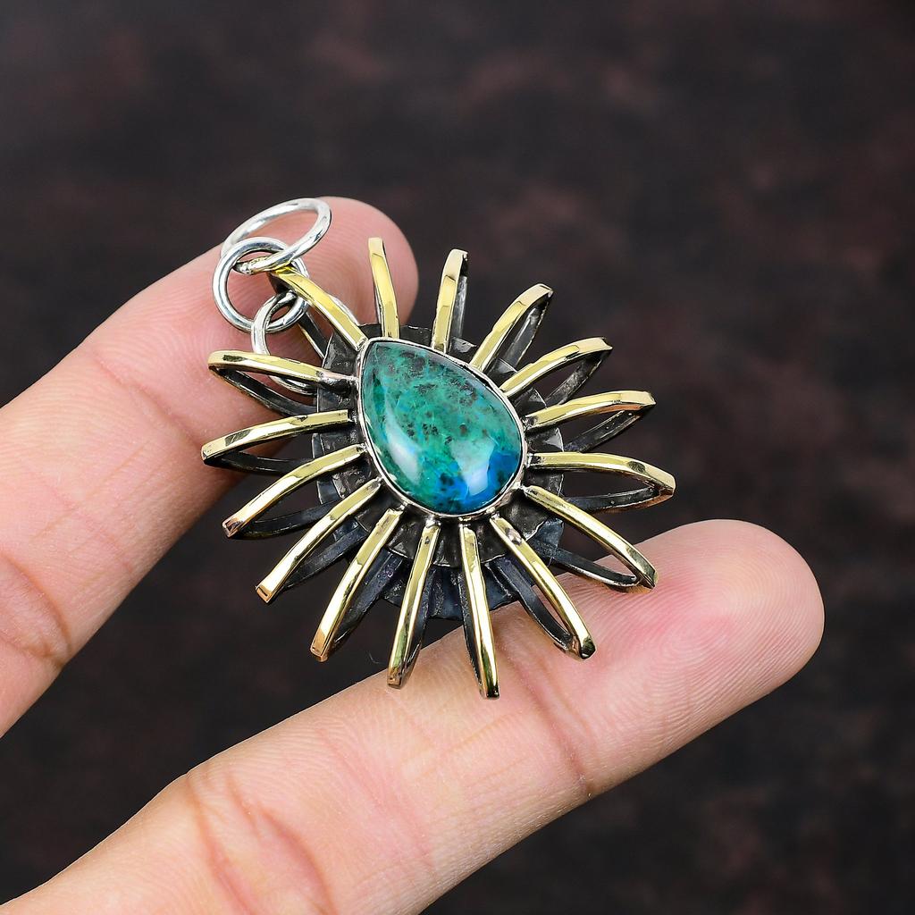 Chrysocolla Pendant Natural Gemstone Jewelry 925 Sterling Silver Pendant Handmade Pendant Cage Jewelry 18K Gold Plated Pendant Gift For Wife