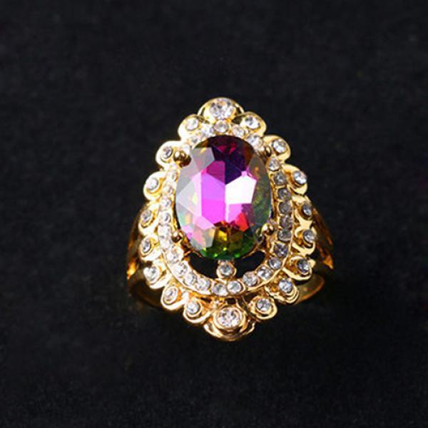 Women Rainbow Color Big Ellipse Glass Rhinestone Hollow Party Ring Gift Jewelry