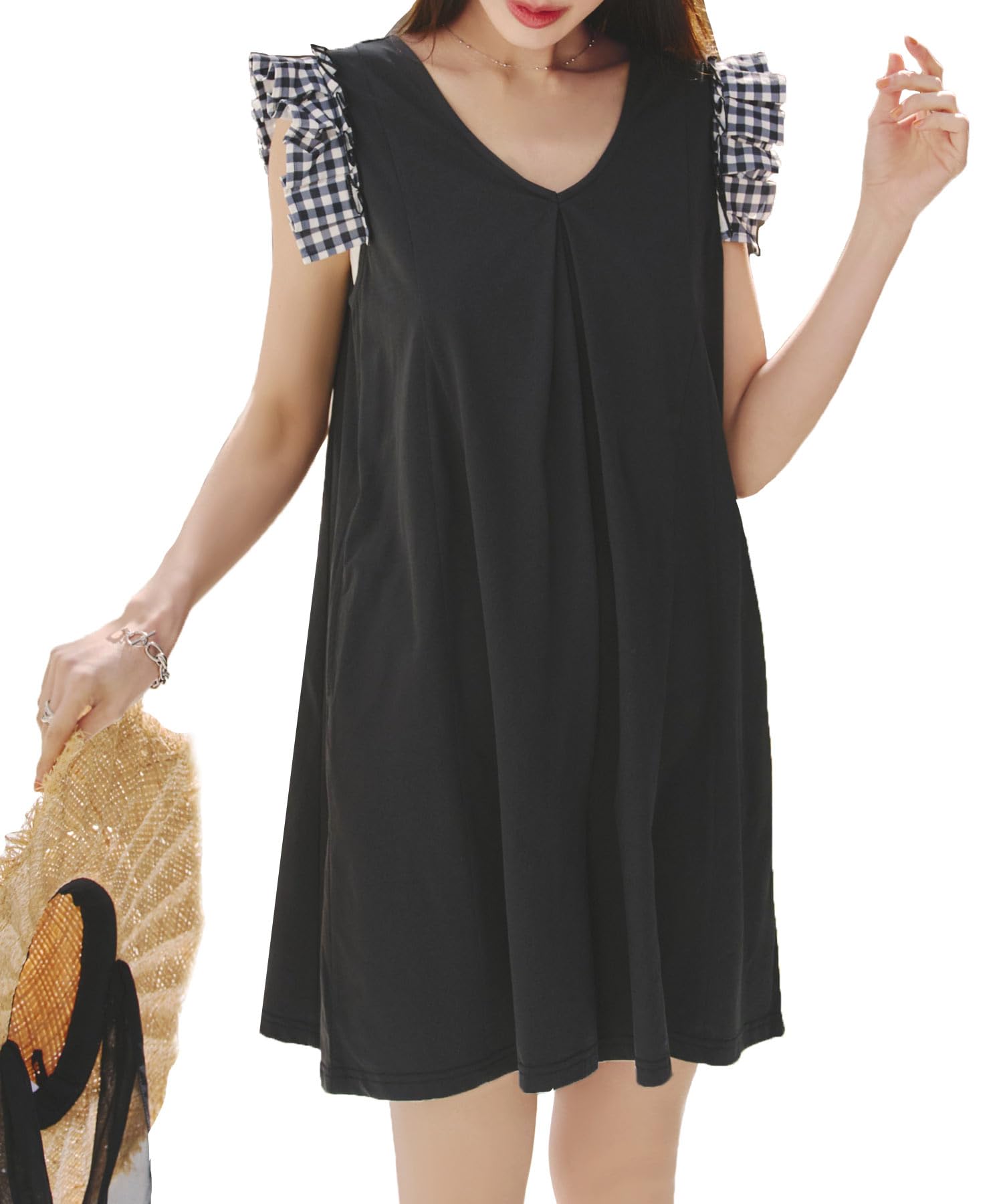 

UV Protection Rash Guard Swimsuit Sun Protection Amphibious L Shoulder Frill Gingham Black [Kobe Lettuce] All-in-One Women s [S197]