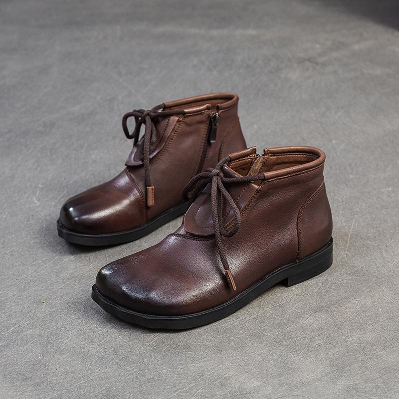 Johnature Retro Versatile Flat Short Boots Comfortable Commuting Casual Genuine Leather Women's Shoes