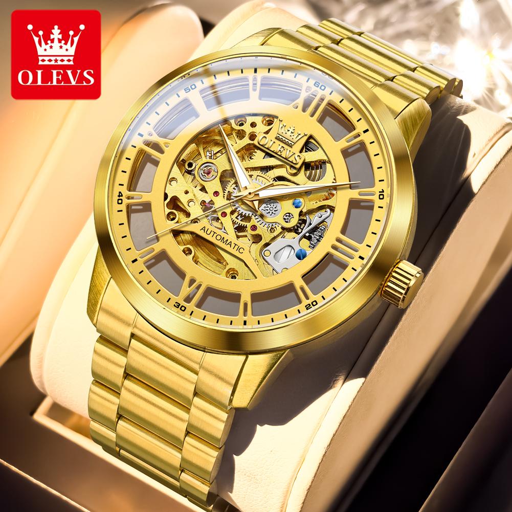 OLEVS 6728 Skeleton Mechanical Wristwatches For Men Original Stainless Steel Luminous Automatic Men's Watch