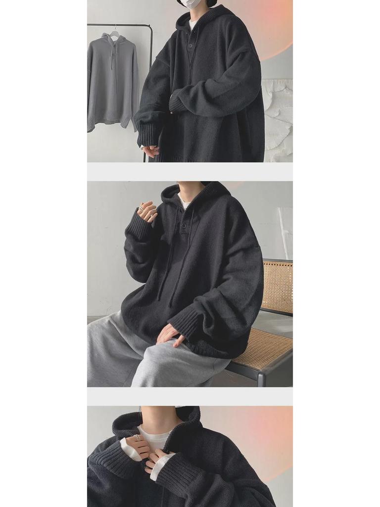 Men's Retro Hooded Turtleneck Sweater - Autumn/Winter Loose Knit Cardigan Jacket