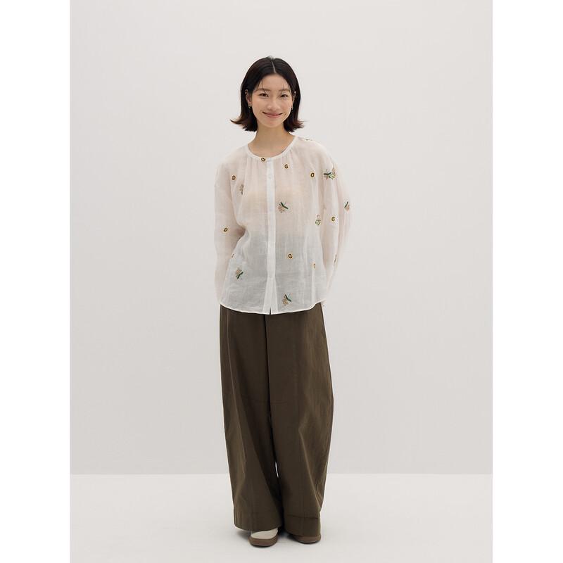 KOMPASU 100% Ramie Dandelion Embroidered Long Sleeve Blouse