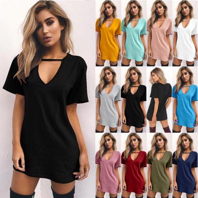 Summer Sexy Deep V-neck Short Sleeved Loose Casual Dress for Women