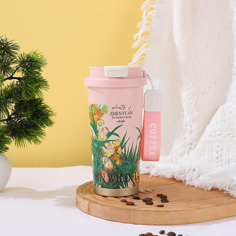 Water Bottle Pattern Stainless Steel Lily of the Valley Coffee Cup Accompanying Thermos Cup Large Capacity Double Drinking Straw Cup