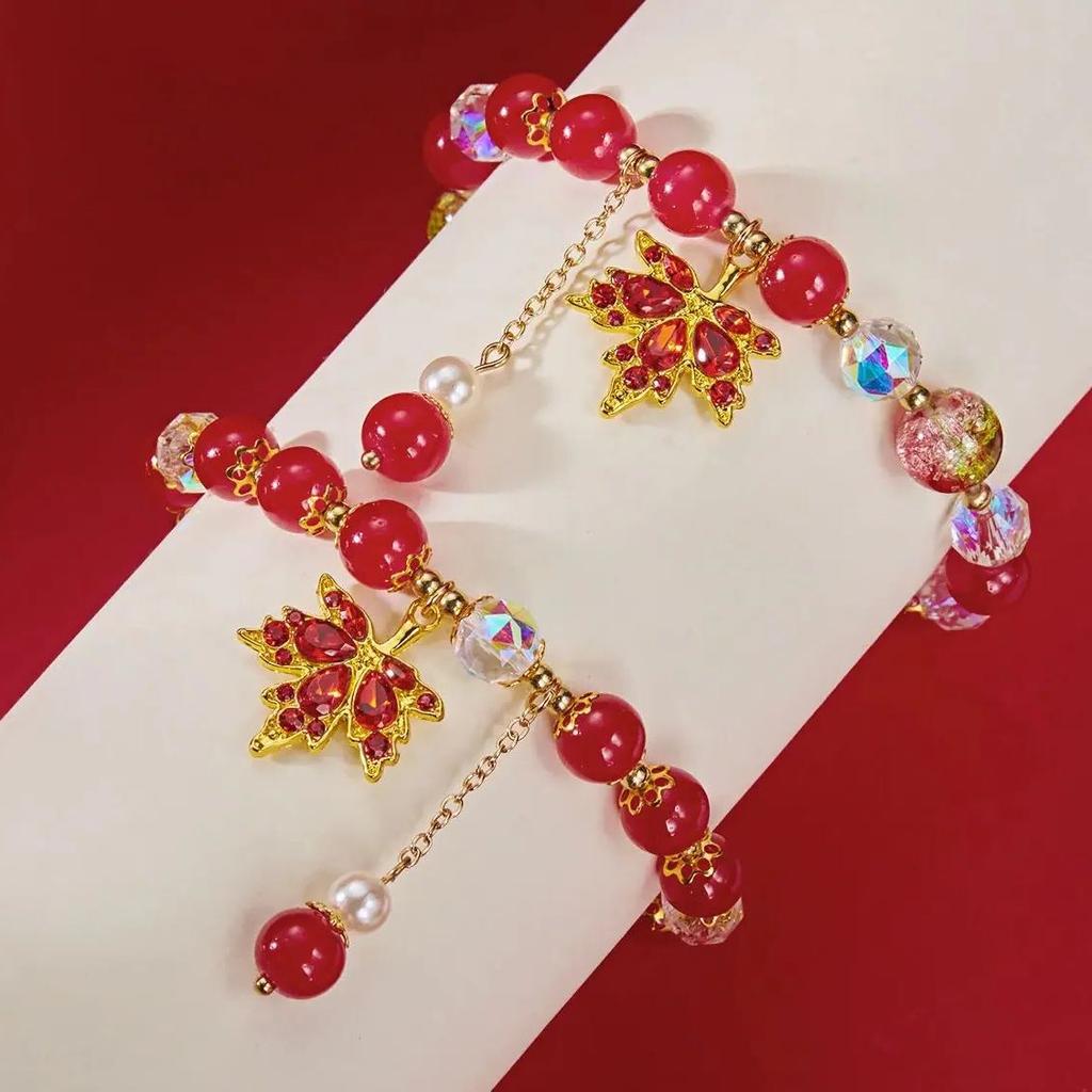 Minimalist Handmade Beaded Tassel Bracelet for Women Exquisite Red Crystal Maple Leaf Pendant Bracelet Friendship Jewelry Gifts