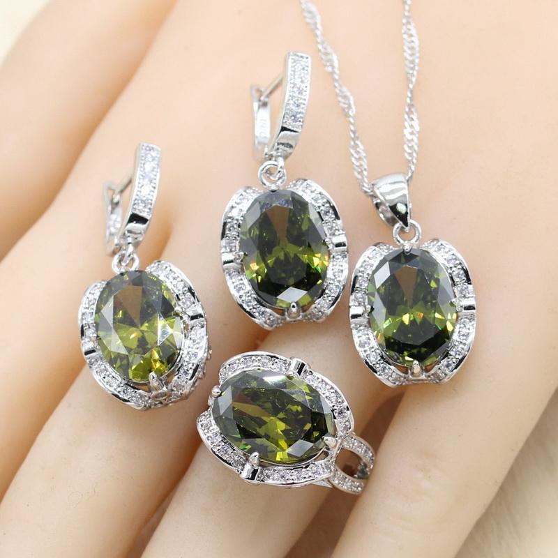 Olivgrüne Zirkonia Schmucksets für Damen Hochzeits-Ohrringe Armband Ringe Halskette Anhänger Geschenkbox 10 gray