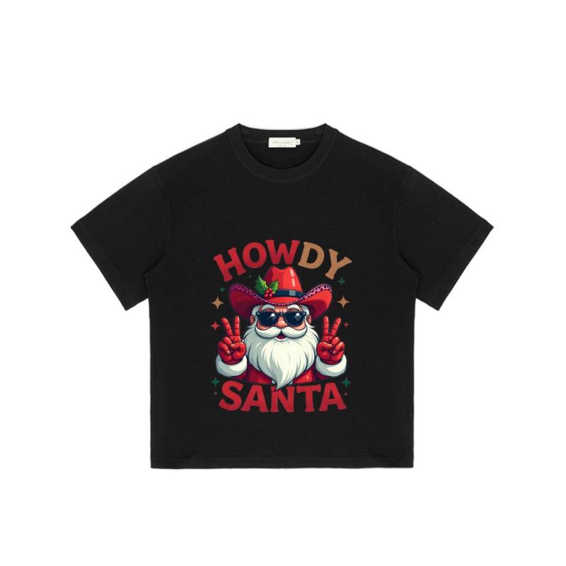 Christmas T-Shirt Black Howdy Santa with Cowboy Hat and Sunglasses Peace Signs Holiday Party Wear