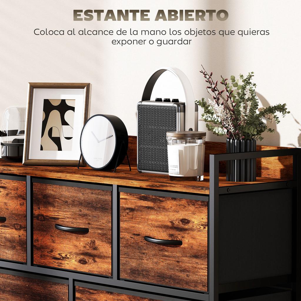Fabric Chest of Drawers with 5 Drawers and Metal Frame, Industrial Style for Living Room or Hallway, 98x29x63 cm, Rustic Brown