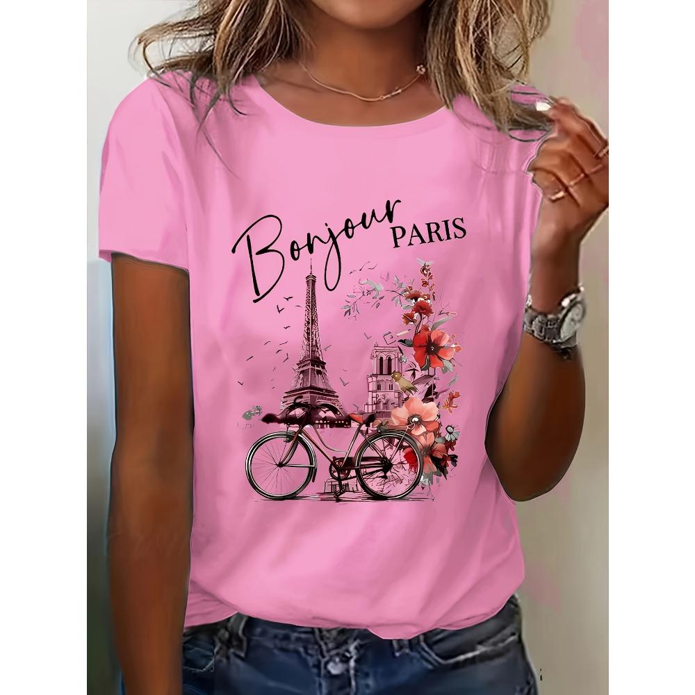 Bonjour Paris Women's Tee - Eiffel Tower & Bicycle Graphic, French Chic Floral Print for Casual Daily Wear
