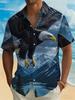 Men's Summer Short-Sleeve Button- Shirt, American Vintage Style with Moonlit Night Bald Eagle, Snow Mountain, and Lake Scenery Print. A Versatile,