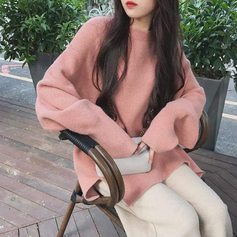 

Женский свитер-пуловер с круглым вырезом, облегающий, большого размера, для весны и осени - однотонный, свободный крой XL (Recommended 50-65 kg) розовый