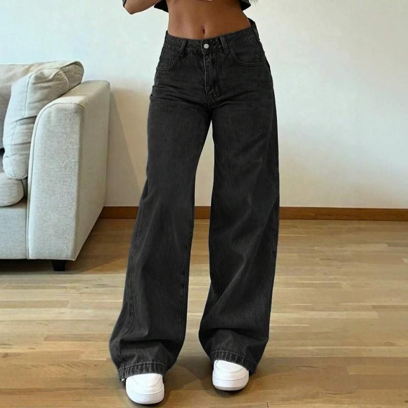 2026 High-Waisted Wide-Leg Straight Cut Denim Pants Women Water Washed Cotton Blend Loose Fit