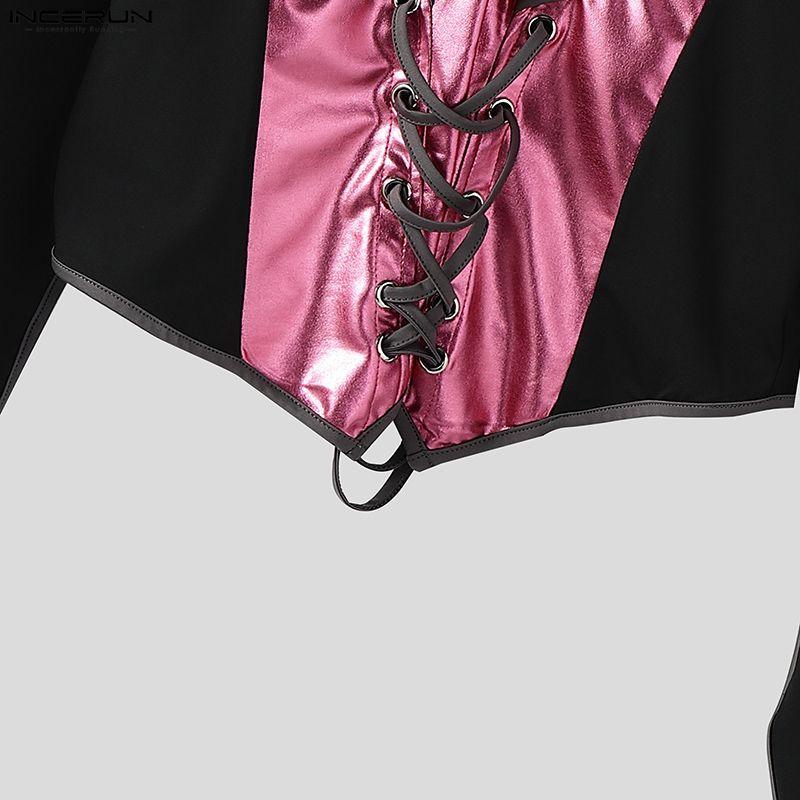 INCERUN Men Stand Neck Long Sleeve Bandage PU Patchwork Casual Cropped Tops T-shirts