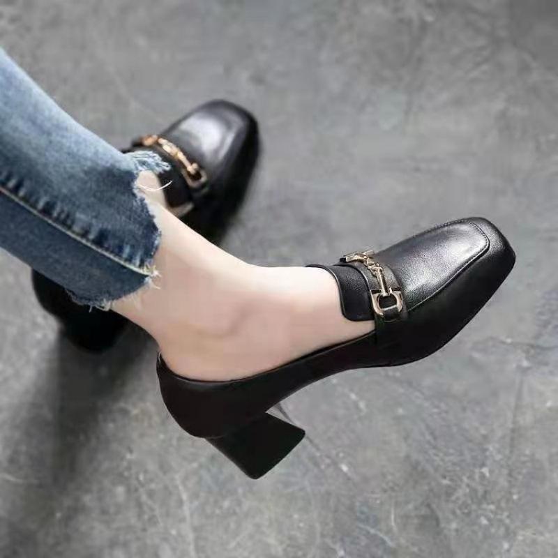 2026 spring and autumn soft leather women's thick heel buckle small leather shoes medium heel fashion versatile comfortable single shoes women