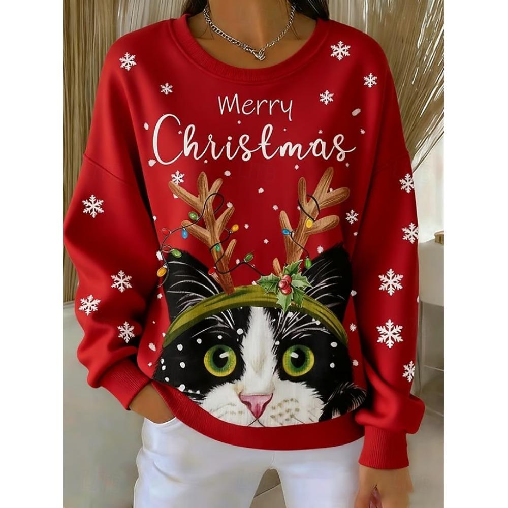 Christmas Women's Red Sweatshirts Cat Graphic Casual Long Sleeve O-Neck Regular Tops Streetwear Casual Pullover Fall Winter