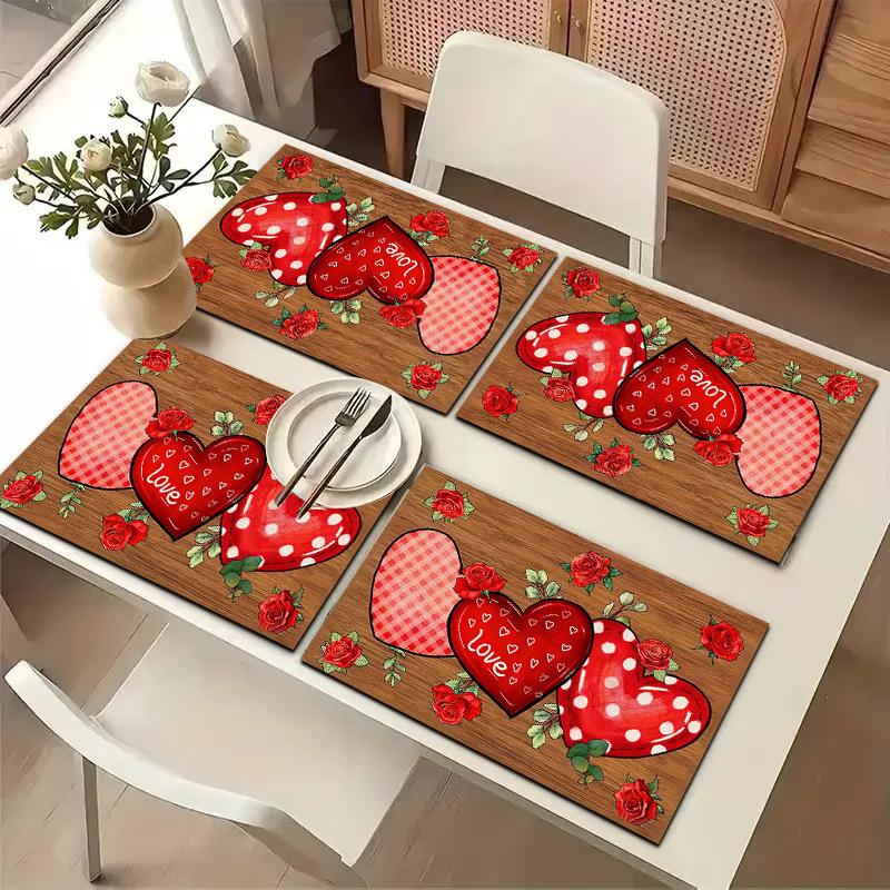 1/2/4/6pcspcs Valentine's Day Placemats Suitable for Party, Elegant Heart & Table Settings, Durable Polyester Square Placemats, Hand Wash Only