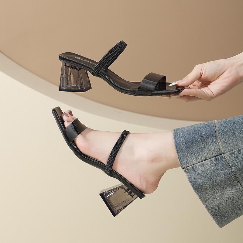 Rhinestone Transparent Thick Heel Sandals Women's Summer New Fashion Square Head Open Toe One-word Drag